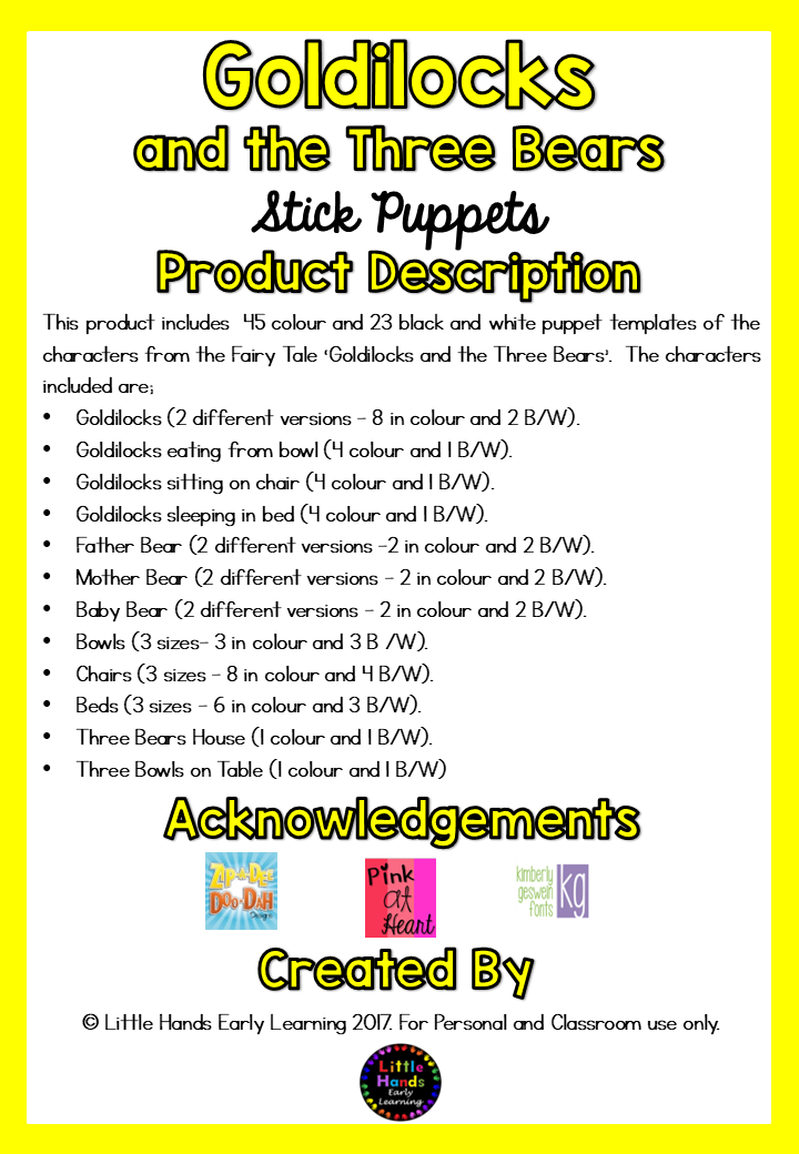 Goldilocks and the Three Bears Stick Puppets (Digital Download-PDF)