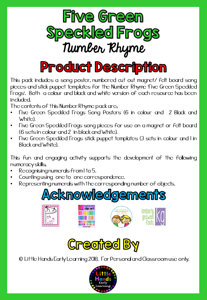 Five Green Speckled Frogs Song: Number Rhyme & Stick Puppets (Digital Download-PDF)