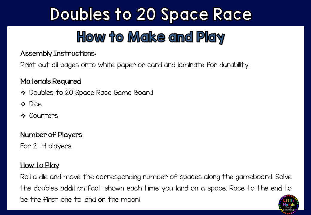 Doubles to 20 Addition Game - Space Race (Digital Download-PDF)