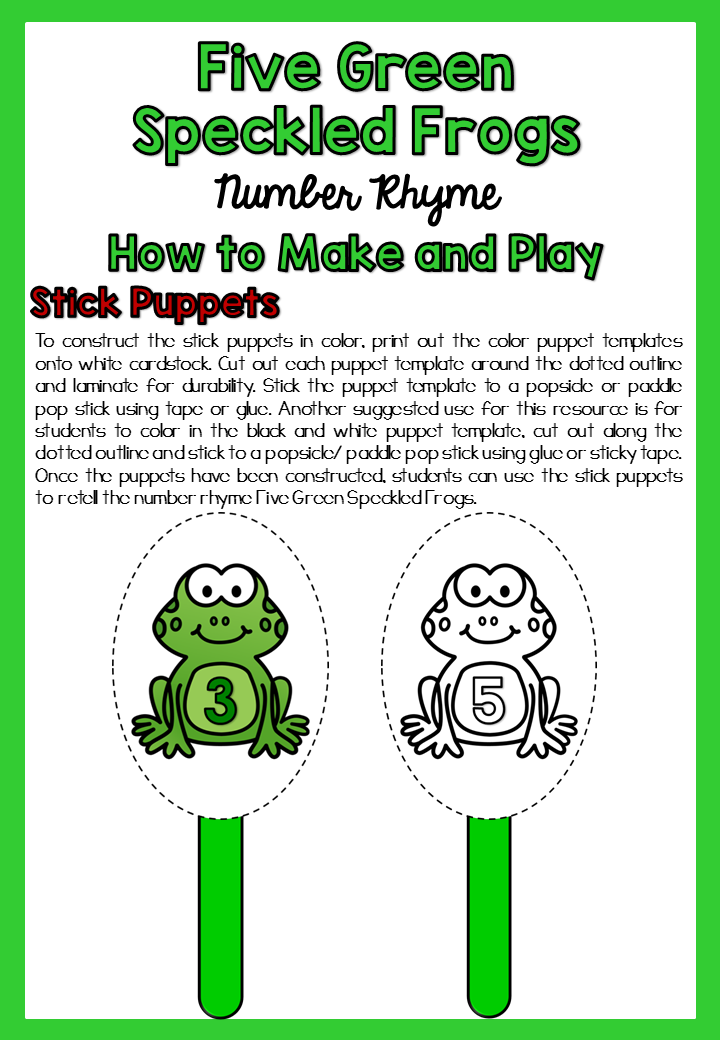 Five Green Speckled Frogs Song: Number Rhyme & Stick Puppets (Digital Download-PDF)