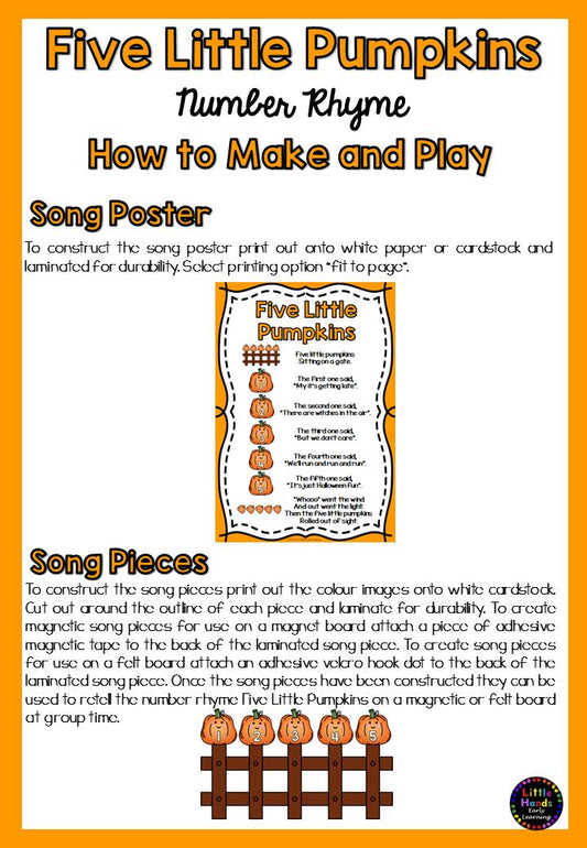 Five Little Pumpkins Song: Number Rhyme & Stick Puppets (Digital Download-PDF)