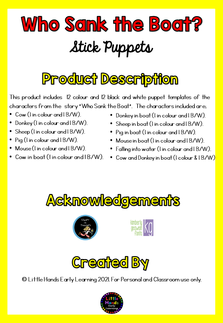 Who Sank the Boat? Story Book Stick Puppets (Digital Download-PDF)