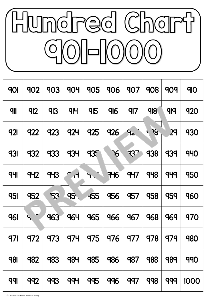 Hundreds Chart Posters - Numbers 1-1000 (Digital Download - PDF)