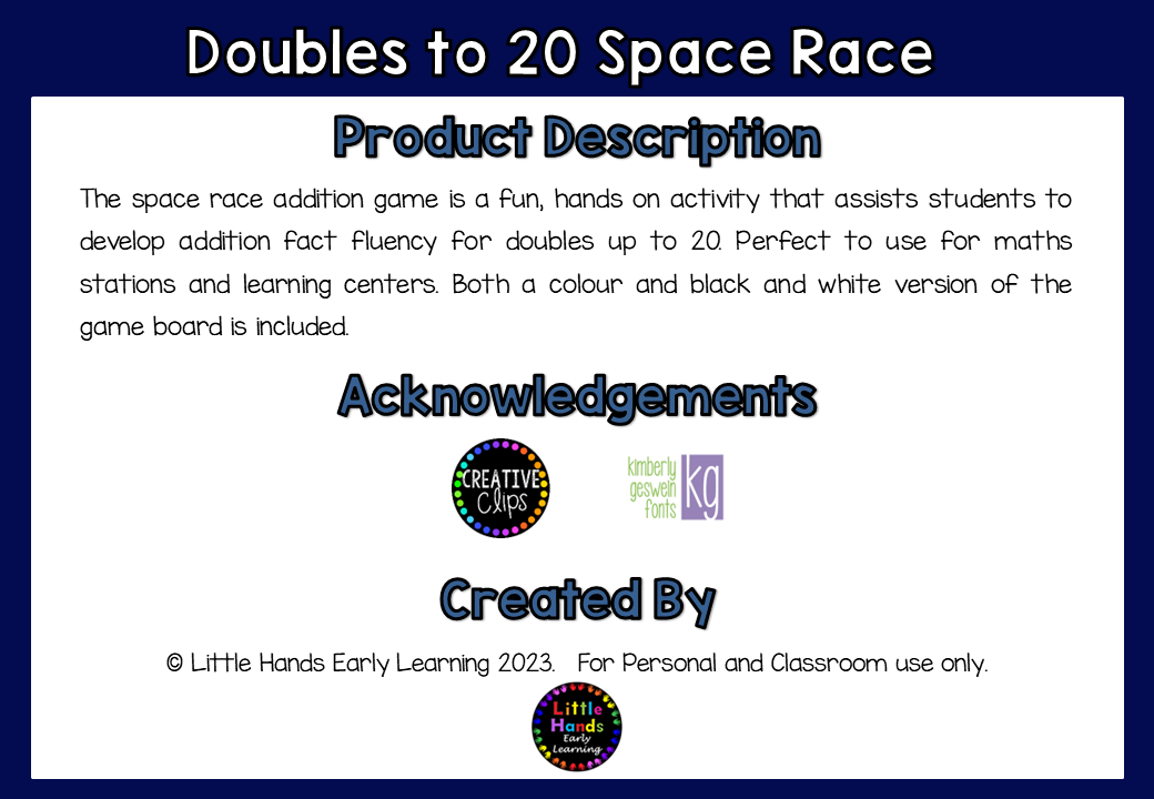 Doubles to 20 Addition Game - Space Race (Digital Download-PDF)