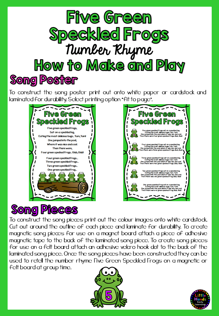 Five Green Speckled Frogs Song: Number Rhyme & Stick Puppets (Digital Download-PDF)